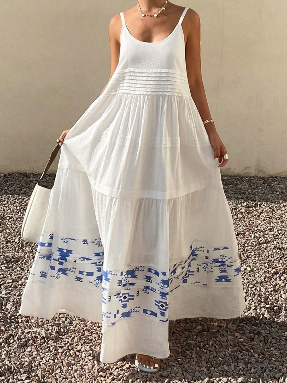 White Boho Women's Textured Patchwork Spaghetti Strap Vacation Sundress - Picture 3 of 7
